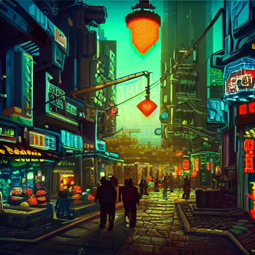 Image similar to fantastic lighting, pixel art, high detail , 16 bits, cyberpunk market, 2d