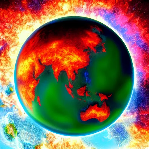 Image similar to Planet earth burning, seen from space, digital painting, realist, landscape