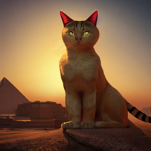 Prompt: egyptian cat, golden hour, fantasy, sharp focus, digital art, hyper realistic, 4 k, unreal engine, highly detailed, hd, dramatic lighting by brom, trending on artstation