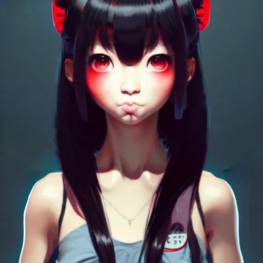 Image similar to Incredibly cute japanese gyaru, black hair, grumpy face, red eyes by Nuri iyem, James gurney, James Jean, Greg Rutkowski, highly detailed, trending on artstation, artstationHD, artstationHQ, 4k, 8k