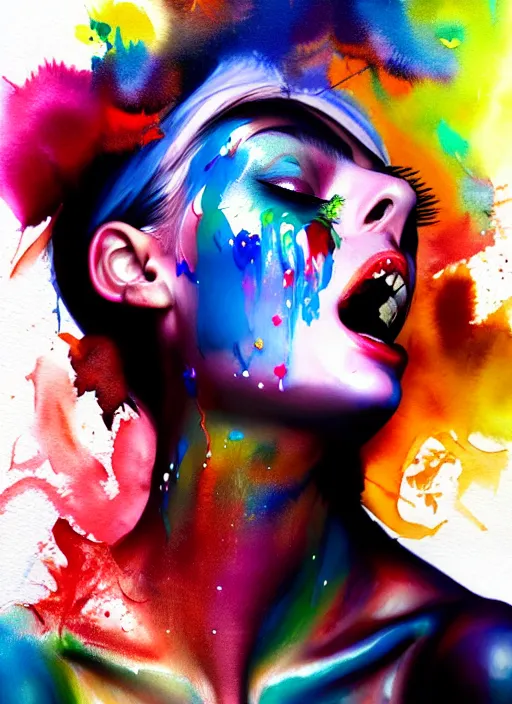 Prompt: excited ridiculously beautiful young woman covered in paint, in the style of irakli nadar, effervescent, warm, dark, watercolor, deep mood, hyperrealism, epic and cinematic,