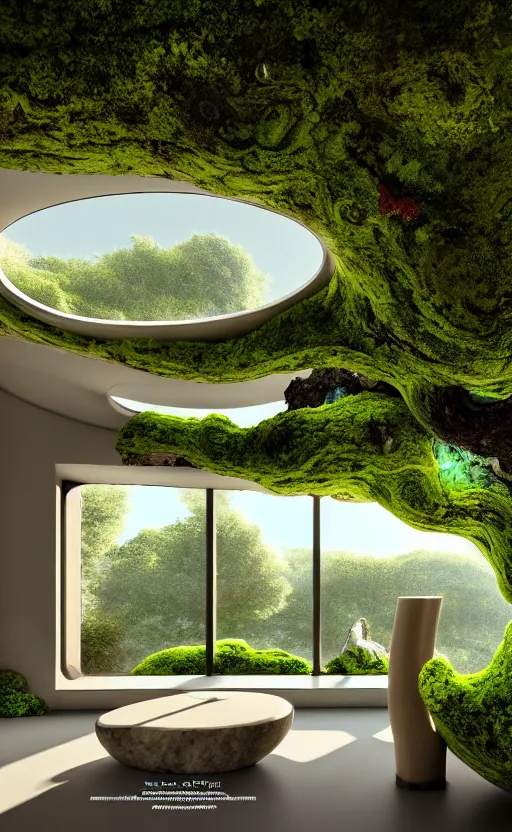 Image similar to highly detailed villa natural beautiful light interior soft cinematic composition of a smooth ceramic porcelain biomorphic magnolia stone nebula fluid sci - fi surreal colorful architecture landscape, furniture, granite, trees, marble, moss, lichen, fungi, vincent callebaut composition, mamou - mani, archviz, 8 k, unreal engine, hdr