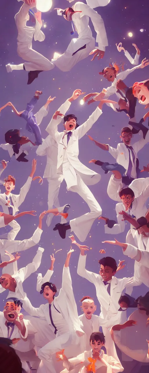 Image similar to excited community of young scientists are happy dancing - wearing white suit, digital art, detailed 8 k behance hd by jesper ejsing, by rhads, makoto shinkai and lois van baarle, ilya kuvshinov, rossdraws global illumination.