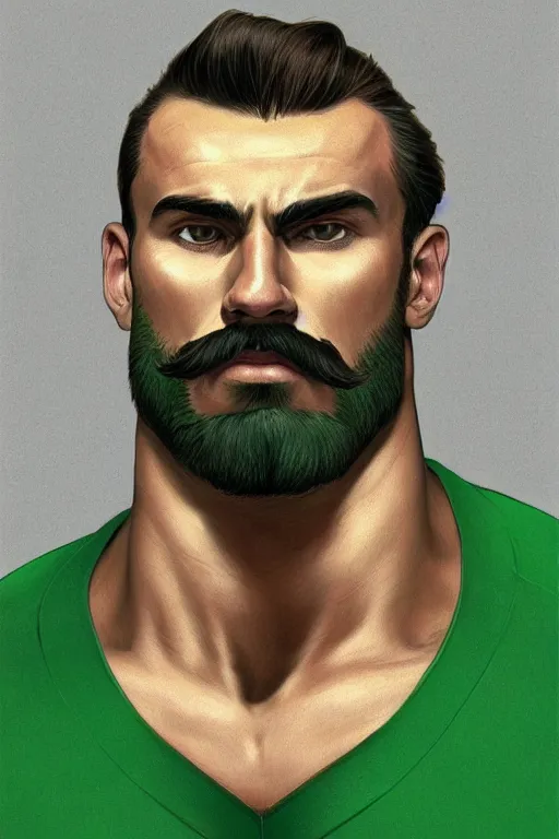 Prompt: gigachad luigi wearing a green shirt by ilya kuvshinov, bodybuilder ernest khalimov, super mario bros symmetrical face concept art, hyper realistic, intricate, elegent, highly detailed, digital painting, concept art, smooth, sharp, focus, illustration, art by artgerm and greg rutkowski and alphonse mucha, artstation