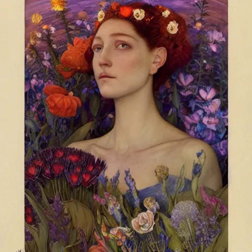 Image similar to queen of flowers, by annie swynnerton and charlie bowater and tino rodriguez and nicholas roerich and jean delville and evelyn de morgan, dramatic lighting, floral tattoos, rich colors, smooth sharp focus, extremely detailed, donato giancola, adolf wolfli