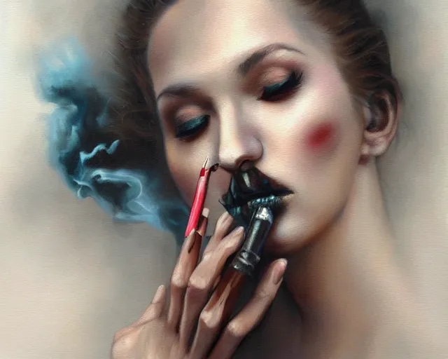 Prompt: a painting of a woman smoking a cigarette, an airbrush painting by marco mazzoni, featured on cgsociety, pop surrealism, airbrush art, smokey background, made of mist