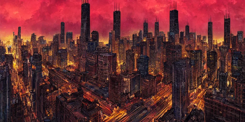 Image similar to cartoonish chicago city skyline in the night, vivid colors, character sheet, fine details, concept design, contrast, kim jung gi, greg rutkowski, watercolor, trending on artstation, 8 k, full body, turnaround, front view, back view, ultra wide angle