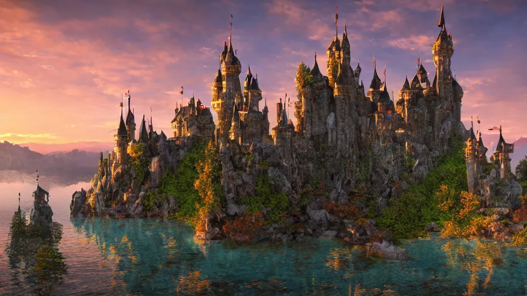 Prompt: fantasy castle with lake in sunset by mark adamus, fantasy artwork, very very very beautiful scenery, hd, hdr, ue5, ue6, unreal engine 5, cinematic 4k wallpaper, 8k, ultra detailed, high resolution, artstation, award winning