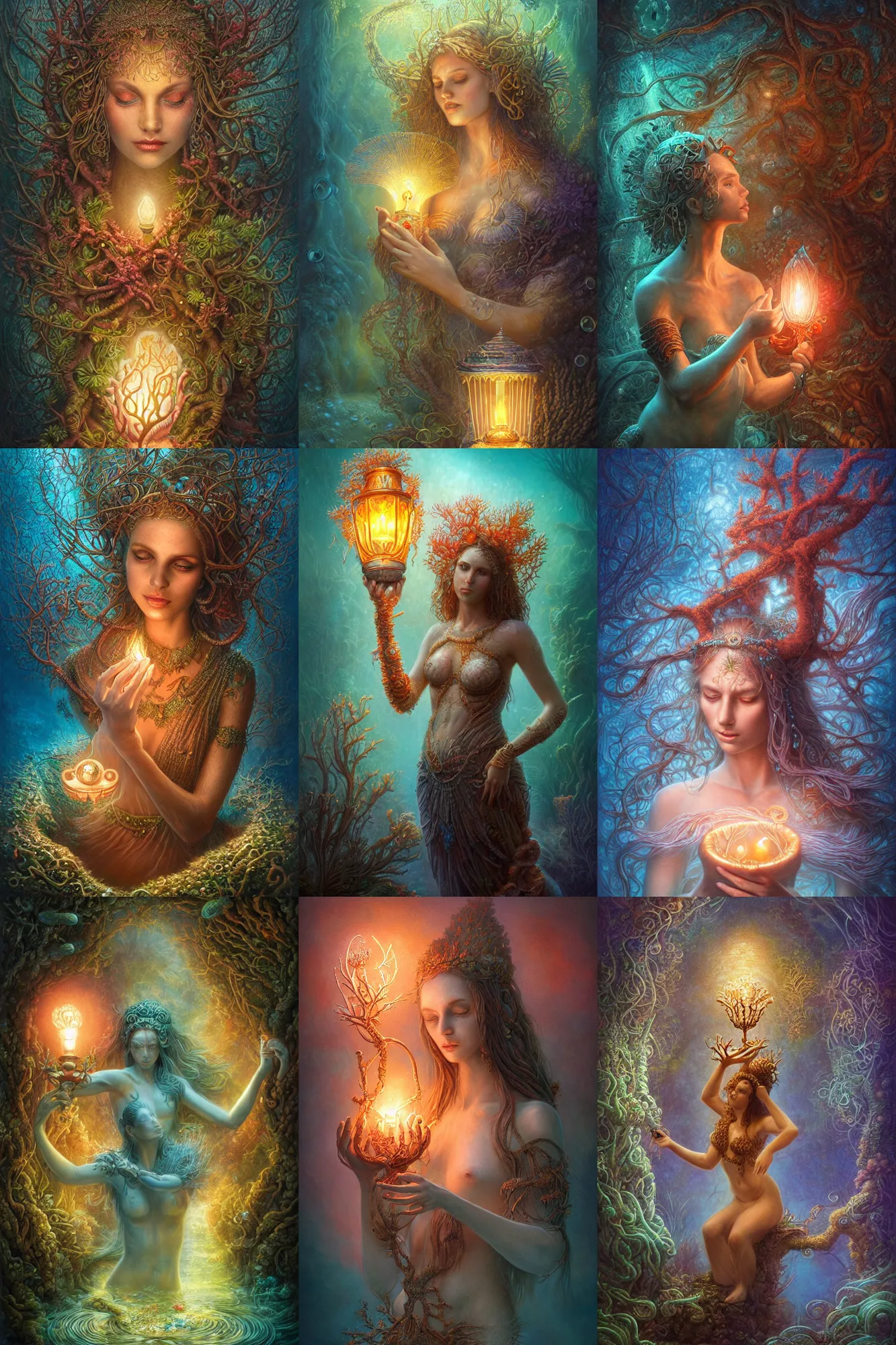 Prompt: a stunning ultra detailed underwater fantasy illustration of a goddess holding a glowing lamp, overgrown with colorful coral, by tomasz alen kopera and anna dittman, water bubbles, very detailed, deep depth of field, 5 0 mm lens, soft lighting, artstation, highly coherent, 8 k