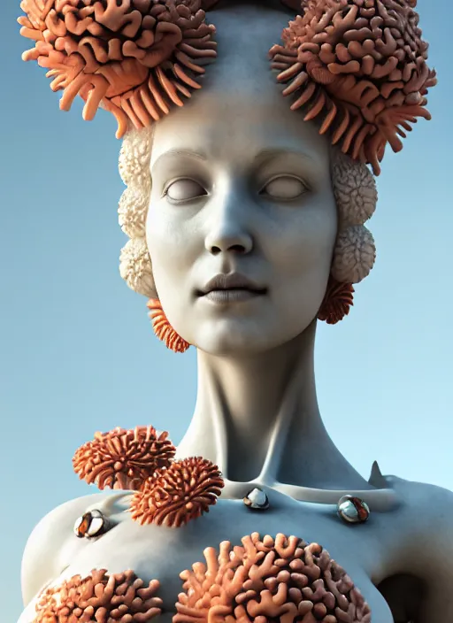 Prompt: biomechanical coral headdress, daisies, well contoured smooth fair walls with marble statue, carrying a bottle of perfume, up close shot, sharp focus, global illumination, radiant light, alexandre ferra white mecha, irakli nadar, octane highly render, 4 k, ultra hd,