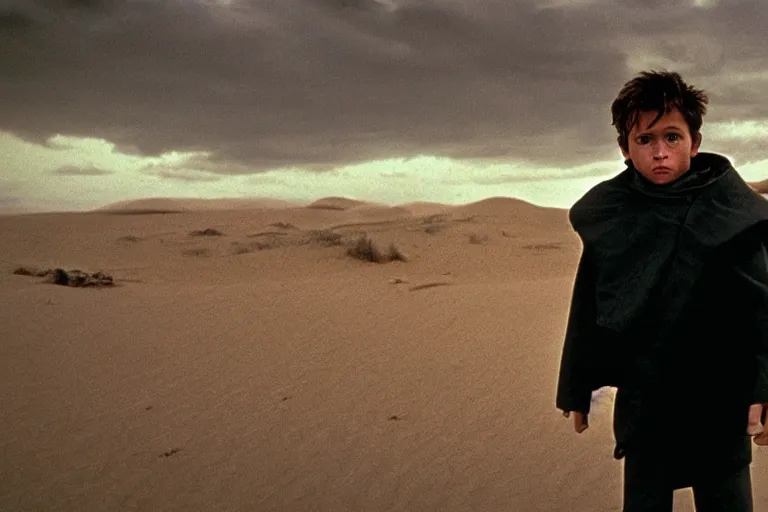 Prompt: a cinematic wide angle shot of a boy in the movie dune, in a serene vast desert, stormy weather, dry, film still, cinematic, movie still, dramatic lighting, by zack snyder