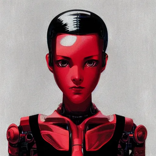 Prompt: A cyborg girl with big and cute eyes, fine-face, realistic shaded perfect face, fine details. red, black and white robotic parts. realistic shaded lighting poster by Ilya Kuvshinov katsuhiro otomo ghost-in-the-shell, magali villeneuve, artgerm, Jeremy Lipkin and Michael Garmash, Rob Rey and Kentarõ Miura style, trending on art station