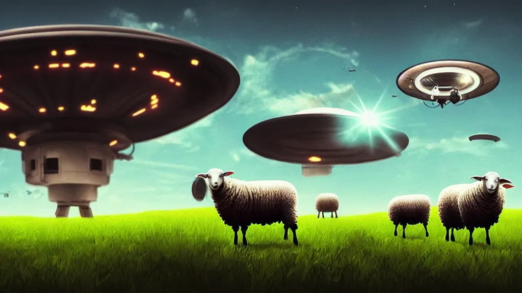 Image similar to sheep in a field being abducted by a ufo!, hyper energy, punk aesthetic, concept art, sharp focus, illustration,