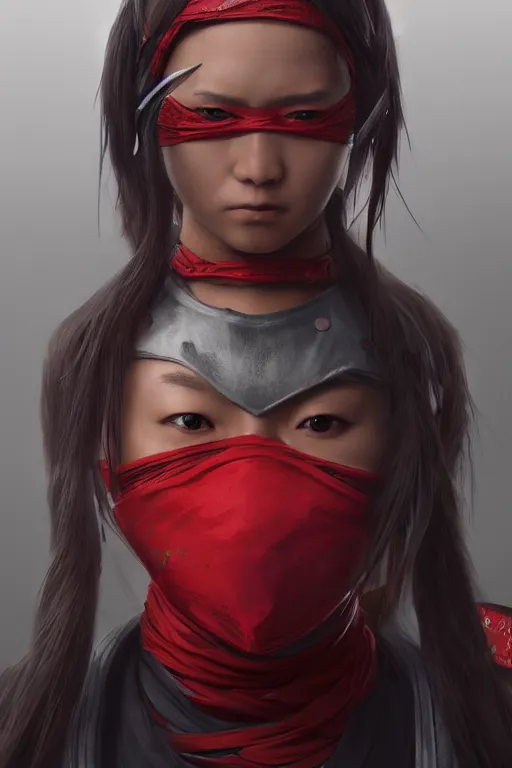 Image similar to native japanese young woman dressed like shinobi ninja, focused stare, partially masked, highly detailed, photobash, photorealistic render, trending on artstation, character design, red background, cinematic lighting