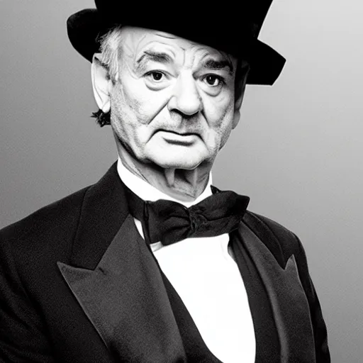 Image similar to black and white mugshot, bill murray, he is wearing a top hat, wearing bandit mask