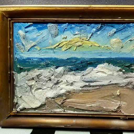 Image similar to oil paint impasto relief, beautiful italian beach scene, rough sea, multi layered thick brush marks, some splattered paint, in the style of ivan shishkin and frank auerbach and van gogh