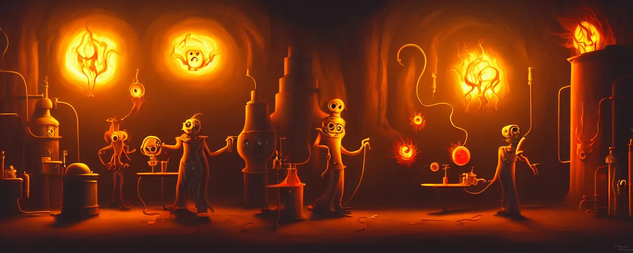 Prompt: uncanny alchemist monsters in a fiery alchemical lab, dramatic lighting, surreal 1 9 3 0 s fleischer cartoon characters, shallow dof, surreal painting by ronny khalil