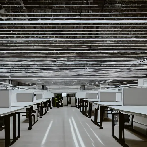 Prompt: a lone person working in a huge room full of cubicles, the only light is coming from his desk