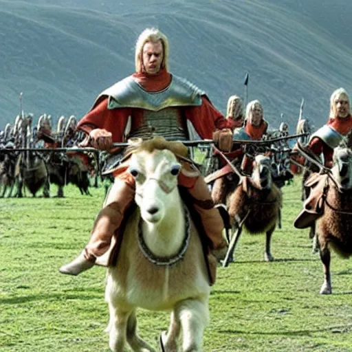 Image similar to the rohirrim riding into battle on alpacas at minas tirith