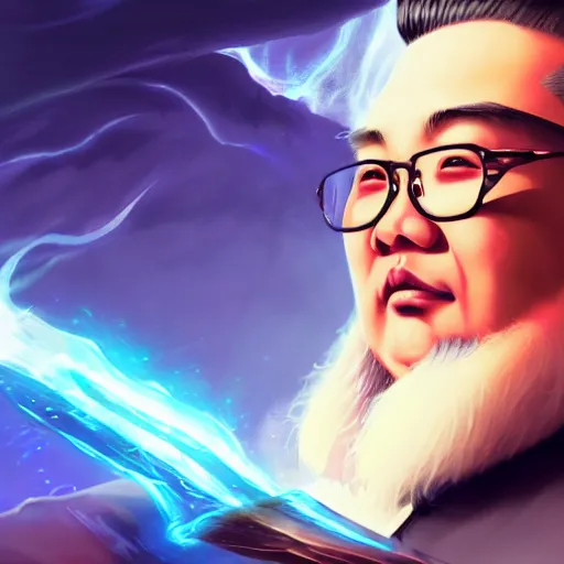 Image similar to portrait of kim - jong un as a spellcaster and mage, league of legends amazing splashscreen artwork, splash art, natural light, elegant, photorealistic facial features, intricate, fantasy, detailed face, atmospheric lighting, anamorphic lens flare, cinematic lighting, league of legends splash art, hd wallpaper, ultra high details by greg rutkowski