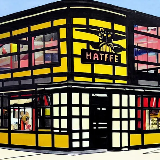 Prompt: waffle house store but the sign says awful waffle by piet mondrian, damien hirst, marcel duchamp, architecture design, detailed