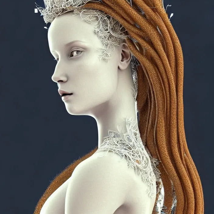Prompt: Portrait of a beautiful woman like a queen-roots-angel, dressed in long elegant intricate ornamental roots white dress, natural skin tone, intricate mandelbrot fractal highly detailed roots ornament in the upper side of breast, bust with a very long neck , hair are wired roots, elegant, highly detailed intricate roots ornament in her long hair, Realistic, Refined, Highly Detailed, natural lighting colors scheme, fine art photography by Flora Borsi, volumetric lighting, hyper realistic photography, 8k