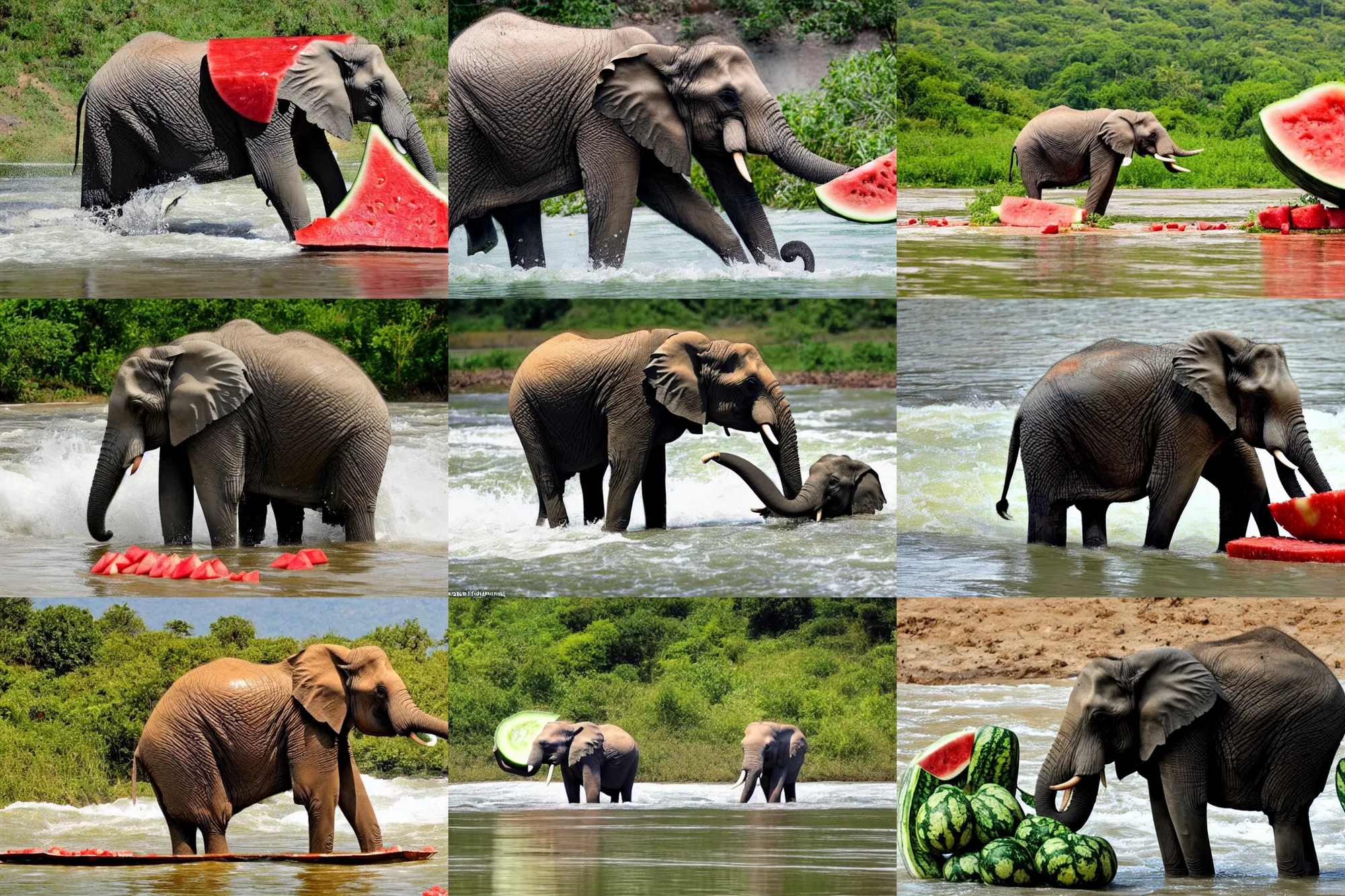 Image similar to an elephant sits in a crust from under a watermelon and floats on it along a river with white water