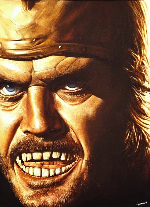 Prompt: portrait of young 1 9 7 0 s jack nicholson ( from easy rider ) as villain warlord in mad max 2 : the road warrior, film still, detailed realism face in painting, detailed beautiful portrait, oil painting masterpiece, 8 k resolution, smooth, sharp focus, trending on artstation, by rembrandt