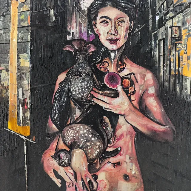 Image similar to a portrait in a dark laneway, a woman holding a piglet, streetlamps, wet, puddles, wild berries, rats, ikebana, octopus, neo - expressionism, surrealism, acrylic and spray paint and oilstick on canvas