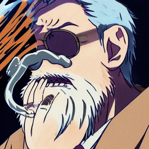 Prompt: A still of a man with blonde hair and a bushy beard wearing a tie dye t-shirt, smoking a pipe, in the style of Attack on Titan anime series