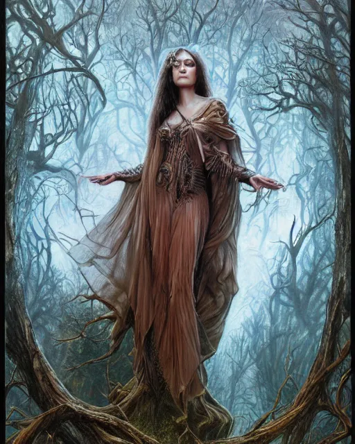 Image similar to a highly detailed airbrush painting of an evil female fantasy sorceress with piercing beautiful eyes standing on a forest meadow, dead trees, night, art by karol bak and donato giancola and mark brooks, centered, full size, hires, 4 k, high resolution, sharp focus