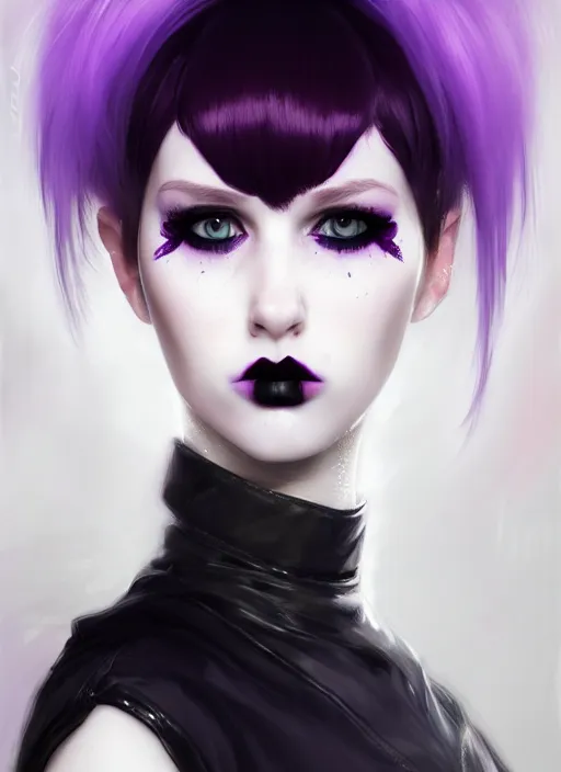 Image similar to portrait of white teenage girl, normal face, white bangs, mall goth, cyberlox, black and white hair, bangs, fluffy bangs, red contact lenses, purple lipstick, intricate, elegant, highly detailed, digital painting, artstation, concept art, sharp focus, smooth, illustration, art by wlop, mars ravelo and greg rutkowski