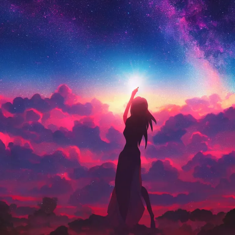 Image similar to a beautiful landscape of a starry sky with an beautiful anime woman waving to the horizon, cinematic, dramatic, color grading, photojournalism, colorful, highly detailed