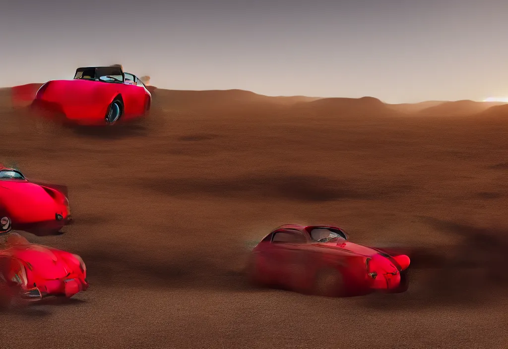 Image similar to “a red porsche 356 is parked in the middle of the desert, a matte painting by Scarlett Hooft Graafland, featured on unsplash, australian tonalism, anamorphic lens flare, cinematic lighting, rendered in unreal engine”