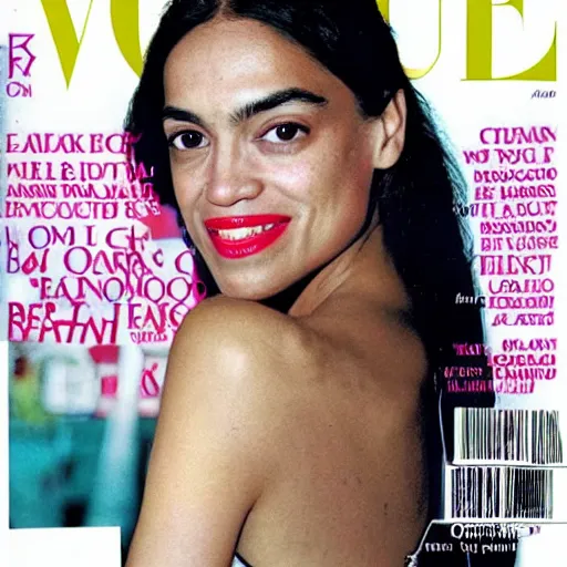 Prompt: Alexandria Ocasio-Cortez high resolution in Ivana Trump's 1990 Vogue cover photo.