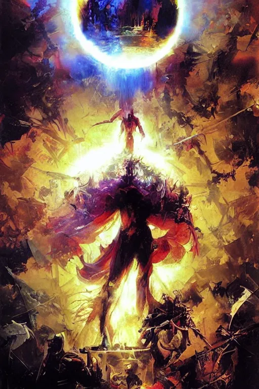 Prompt: we are the gods of the new world order, we are the soldiers, the legion of light! we are the center, the death of the sun, fire and flame, we are one!, by ryohei hase, by john berkey, by jakub rozalski, by john martin