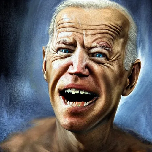 Image similar to hyperrealistic mixed media high resolution painting of Joe Biden Gollum skulking in a dark cave, stunning 3d render inspired art by Jamie Salmon and István Sándorfi and Unreal Engine and Greg Rutkowski, perfect facial symmetry, realistic flesh, dim volumetric lighting, 8k octane beautifully detailed render, full body shot, post-processing, extremely hyper-detailed, intricate, epic composition, highly detailed attributes, highly detailed atmosphere, cinematic lighting, masterpiece, trending on artstation, very very detailed, masterpiece, stunning, flawless completion, lifelike texture, perfection,