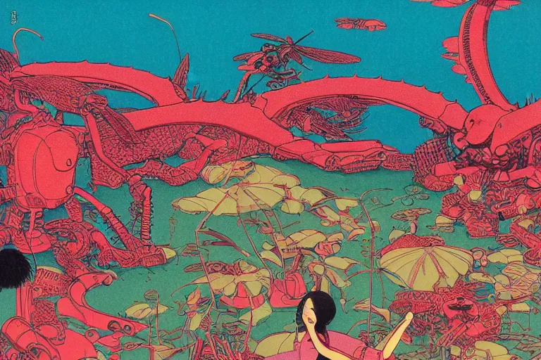 Prompt: gigantic dragonflies catch tiny cars, a lot of exotic mechas robots around, heads are all over the ground, acid and dreaming psychedelic hallucinations, risograph by kawase hasui, dirtyrobot, edward hopper, satoshi kon and moebius, colorful flat surreal design, super - detailed, a lot of tiny details, fullshot