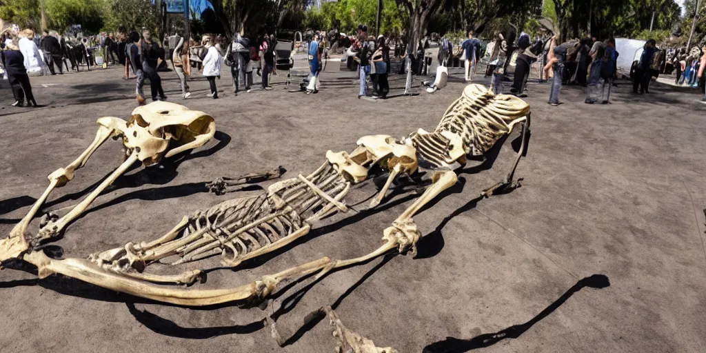 Image similar to giant human skeleton 2 0 feet tall discovered in the labrea tar pits in los angeles, on display media event, amazing, in the style of a news report