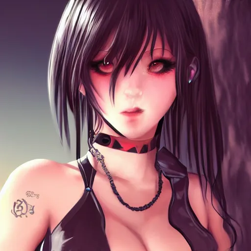 Prompt: goth anime girl in mini skirt and crop top intricate, extremely detailed, digital painting, artstation, concept art, smooth, sharp focus, illustration, intimidating lighting, incredible art, hightly detailed face and body