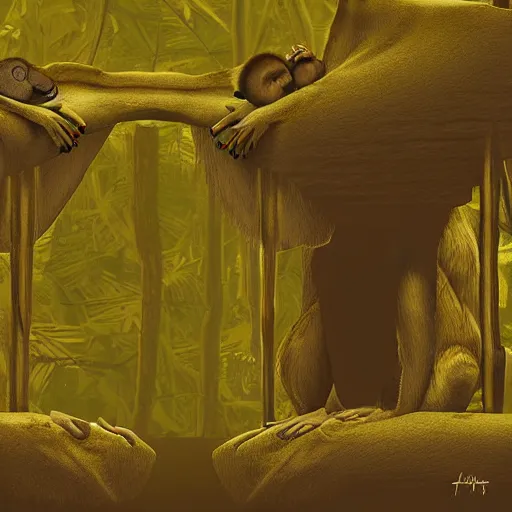 Image similar to two macaques looking at each other inside alien base, digital art, soft shadows, creepy art