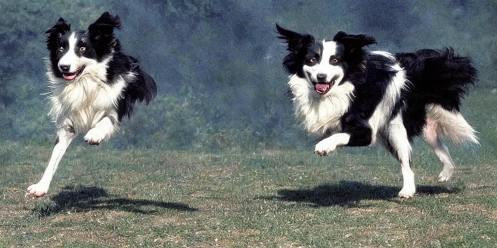 Prompt: border collie in robocop armor chasing flying saucers. Anime. Ultra-realistic.