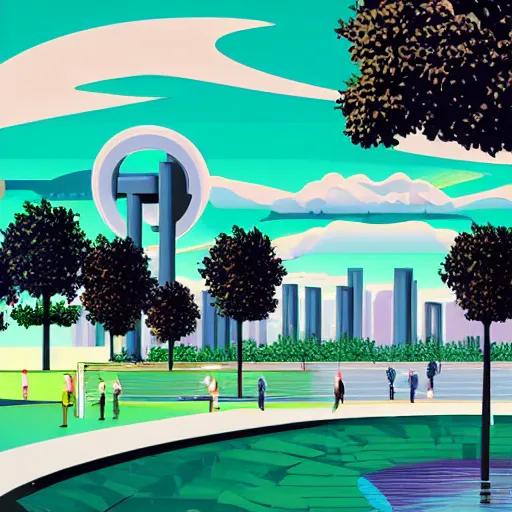 Image similar to art deco vaporwave illustration of a park with trees, benches, and a water feature, in a futuristic pastel city