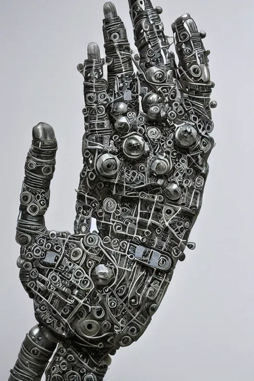 Image similar to cybernetic robotic hand made of engraved ceramic, wires and circuitry, engraved in sanskrit writing