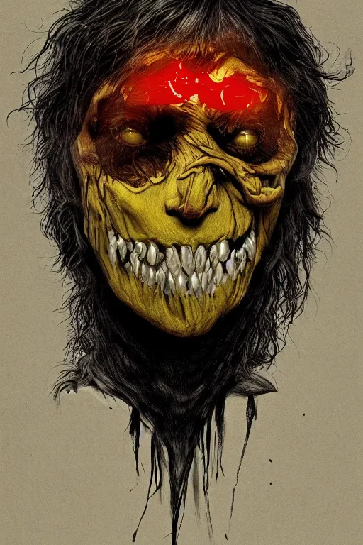 Image similar to the man in the yellow hat in sleepy hollow, full body, big two toned eyes, teeth gritted, horror, intricate details, cinematic, epic, realistic, anatomy, tomer hanuka, uplight, artstation, photorealistic, scary