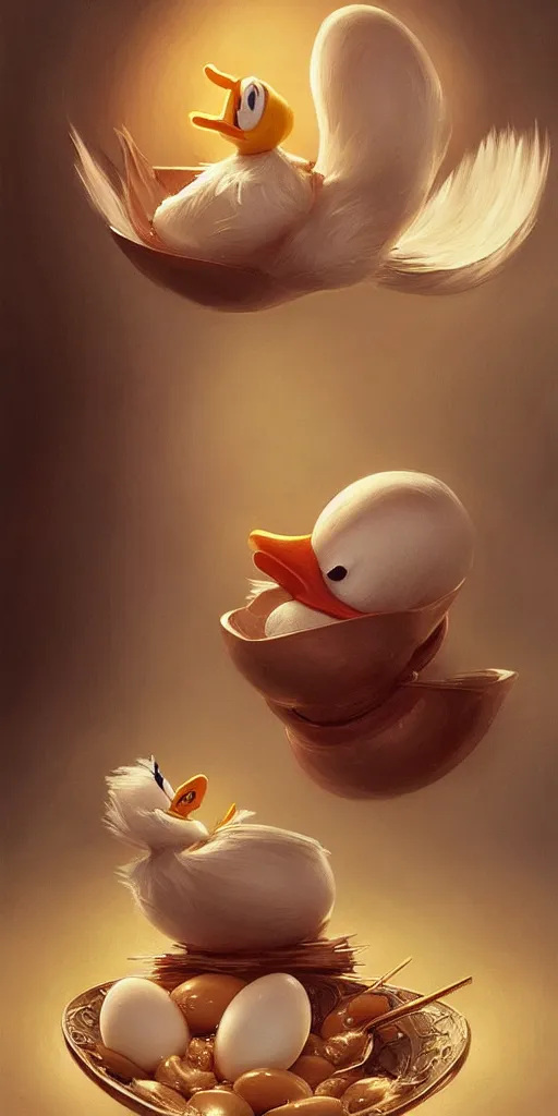 Image similar to realistic photography of a terrified donald duck eating hard boiled eggs, deep focus, intricate, elegant, highly detailed, digital painting, artstation, concept art, matte, sharp focus, illustration, art by artgerm and greg rutkowski and alphonse mucha