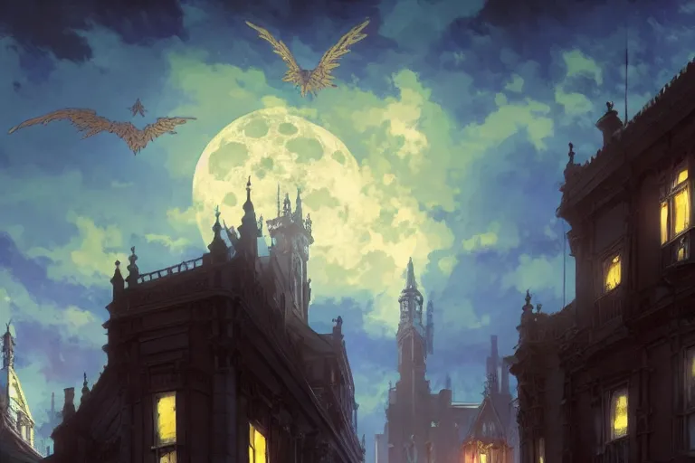 Image similar to a winged monster in the sky above a victorian city, scene in the night. full moon, 1 8 9 0, key visual, conceptart, ambient lighting, highly detailed, digital painting, artstation, concept art, sharp focus, by makoto shinkai and akihiko yoshida and greg manchess