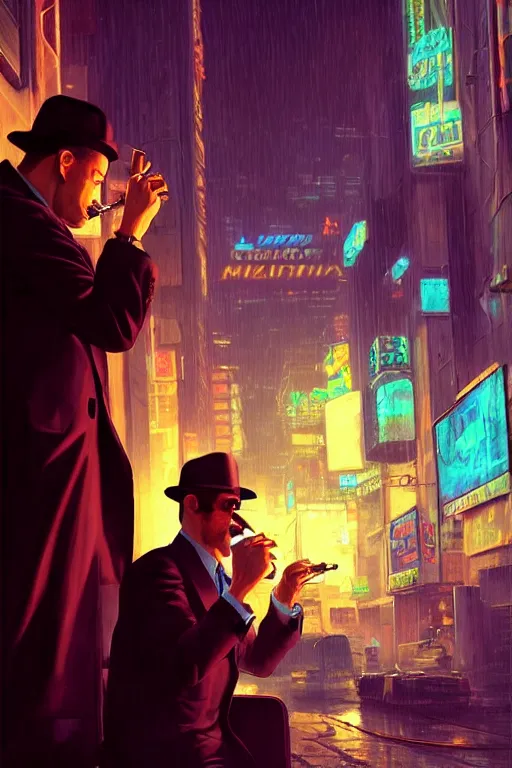 Image similar to A mafia boss lighting a cigar in a cyberpunk setting, by Evgeny Lushpin, dramatic lighting, high contrast colours, as trending on Artstation, highly detailed,