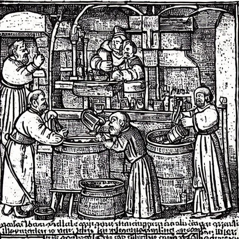 Image similar to middle age illustrated recipe for beer making ( ( ( ( a beer shoppe ) ) ) ) lot of medieval enluminures in the background explaining the recipe, schematic in a notebook