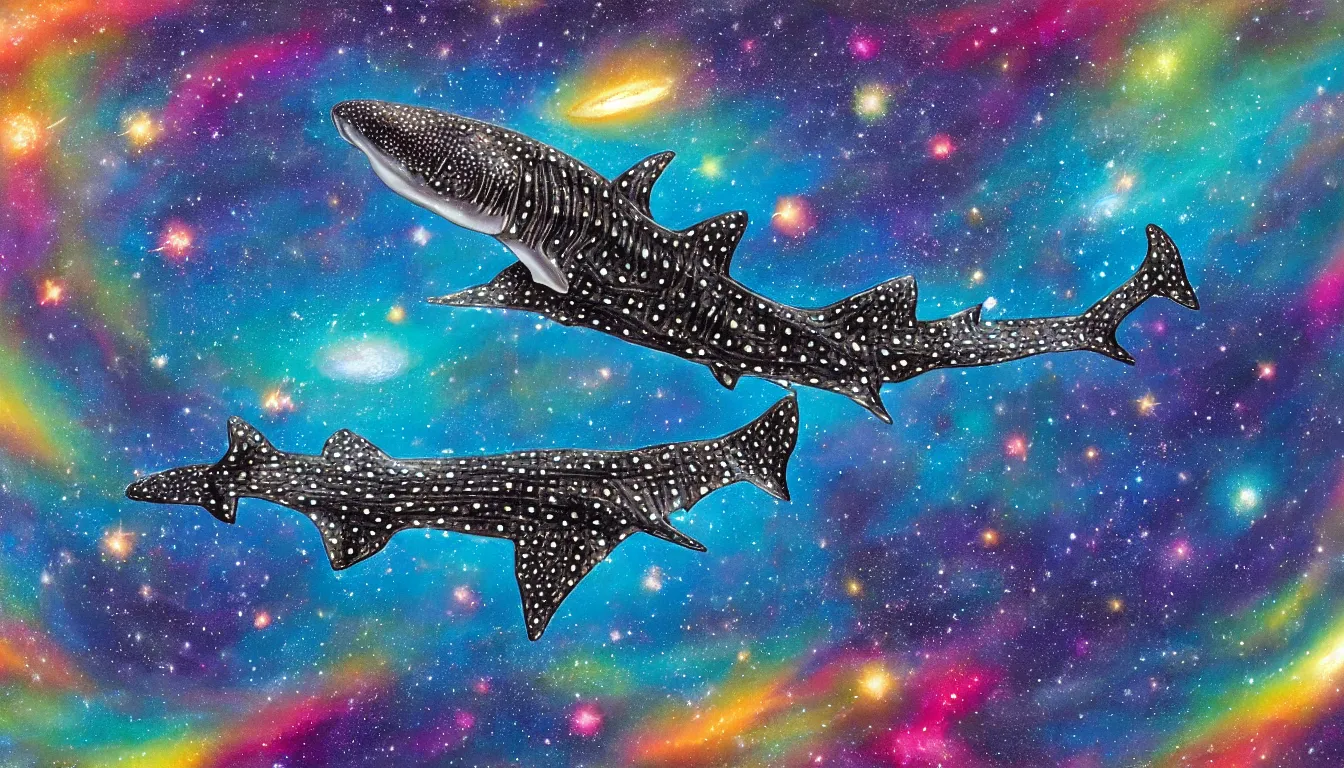 Image similar to oil painting of one whale shark flying in front of a colorful swirling galaxy, shimmering stars, milky way